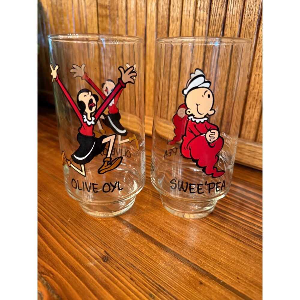 Vintage 1973 Coca-Cola Popeye Glasses Set Olive Oyl & Swee'Pea Tumblers